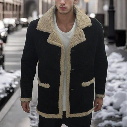 Men's Shearling Coat | Solid Color | Wide Shearling Collar | Suede-Like Fabric | Mid-Thigh Length | Relaxed Fit | Long Sleeves | Button Closure | Casual to Smart-Casual | Fall & Winter Essentials