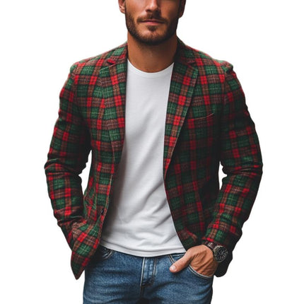 Men's Christmas Plaid Blazer | Casual Notch Lapel | Contrast Color | Single-Breasted | Festive Holiday Outerwear | Tailored Fit | Stylish Party Wear | Comfortable All-Day Use | Elegant Trendy Jacket