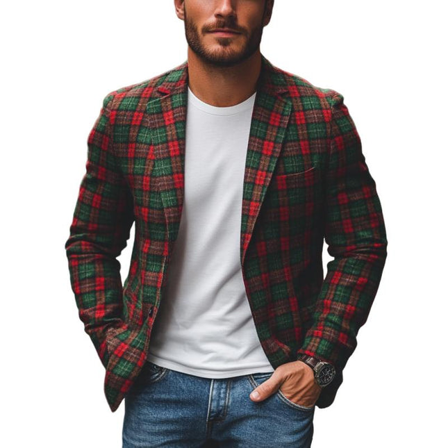 Men's Christmas Plaid Blazer | Casual Notch Lapel | Contrast Color | Single-Breasted | Festive Holiday Outerwear | Tailored Fit | Stylish Party Wear | Comfortable All-Day Use | Elegant Trendy Jacket