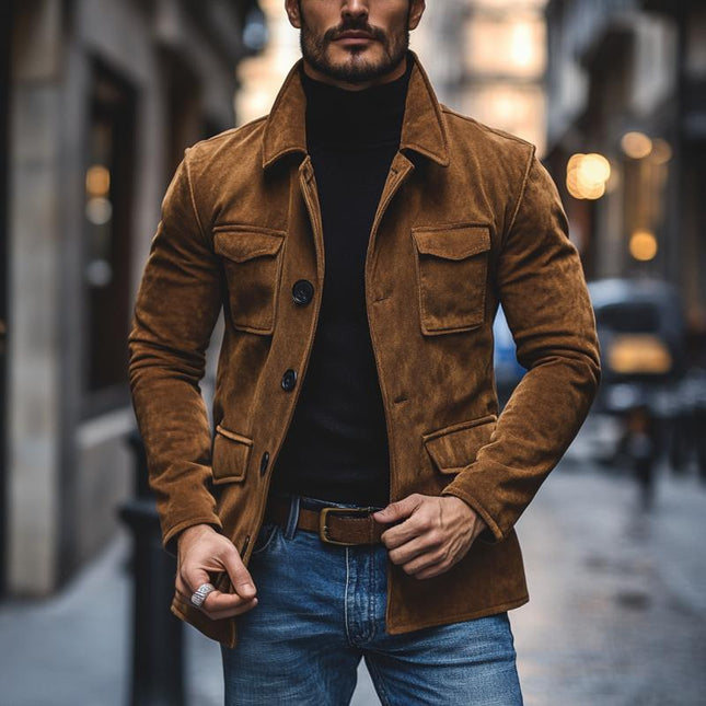 Men's Suede Jacket | Vintage Lapel Design | Multi-Pocket | Loose Fit | Premium Suede Fabric | Casual Outerwear for Men | Button & Zipper Closure | Durable & Stylish | Versatile Layering | Comfortable & Practical