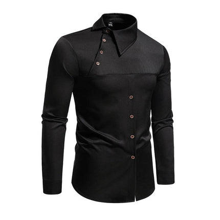 Men's Slim Fit Long Sleeve Shirt | Asymmetric Hem | Slanted Placket | Lapel Collar | Casual & Stylish | Premium Cotton Blend | Adjustable Cuffs | Versatile Dress Shirt for Men