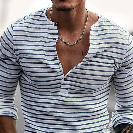Men's Cotton Blend Long Sleeve Henley Striped T-Shirt | Casual Versatile Top | Sizes S-XXXL | Durable Soft Breathable | Adjustable Four-Button Placket | Machine Washable | Year-Round Wear