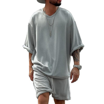 Men's V Neck Short Sleeve T-shirt & Shorts Set | Casual Loose Fit | Solid Color | Breathable Fabric | Summer Outfit | Relaxed Look | Comfortable Activewear | Versatile Wardrobe Essential