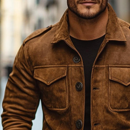 Men's Retro Suede Jacket | Vintage Casual Design | Button Pocket Details | High-Quality Suede Fabric | Lapel Collar | Long Sleeves with Button Cuffs | Perfect for Everyday Style | Autumn & Winter Outerwear