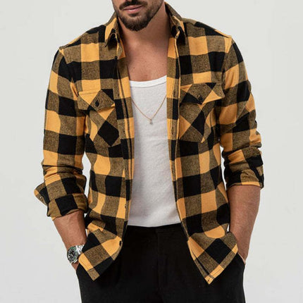 Men's Long Sleeve Plaid Lapel Dress Shirt | Casual Pocket Design | Blended Fabric | Regular Fit | Suitable for All Seasons