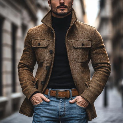 Men's Vintage Herringbone Mid-Length Coat | Multi-Pocket Design | Classic Lapel Collar | Single-Breasted Button Closure | Warm Textured Fabric | Versatile Outerwear for Cool Weather