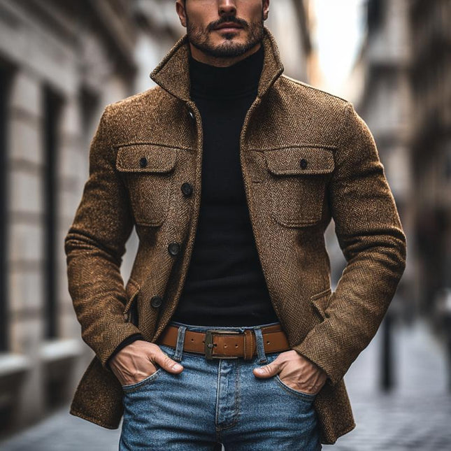Men's Vintage Herringbone Mid-Length Coat | Multi-Pocket Design | Classic Lapel Collar | Single-Breasted Button Closure | Warm Textured Fabric | Versatile Outerwear for Cool Weather