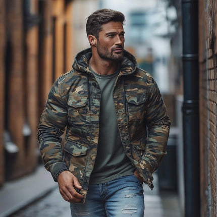 Men's Camouflage Hoodie | Outdoor Multi-Pocket Jacket | Single-Breasted Design | Military Inspired | Casual Fit | Adjustable Features | Durable Breathable Fabric | Versatile Styling | Ideal for Hiking Camping