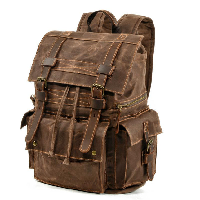 Men's Vintage Backpack | Beeswax Canvas & Leather | Multi-Pocket Design | Outdoor & Urban Use | Water-Resistant | Adjustable Straps | Durable & Stylish