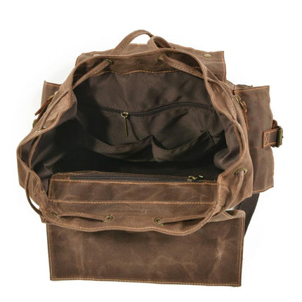 Men's Vintage Backpack | Beeswax Canvas & Leather | Multi-Pocket Design | Outdoor & Urban Use | Water-Resistant | Adjustable Straps | Durable & Stylish