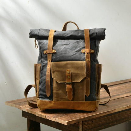 Men's Waterproof Canvas Backpack | Vintage Style | Contrast Design | Multi-Pocket | Weather-Resistant | Urban Outdoor Bag | Comfortable Fit | Durable Straps | Casual Daypack | Ideal for Travel | Men's Adventure Backpack