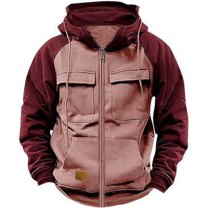 Men's Regular Fit Colorblock Raglan Sleeve Hooded Sweatshirt Jacket | Casual Full Zip Design | Comfortable Cotton Polyester Blend | Warm and Sporty for Fall and Winter | Versatile Layering