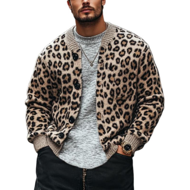 Men's Leopard Jacquard Cardigan | Vintage Colorblock Design | V-Neck Long Sleeve | Regular Fit | Soft Knit Fabric | Single Breasted Front | Cozy Outerwear for Fall Winter | Ideal for Layering & Smart-Casual Style