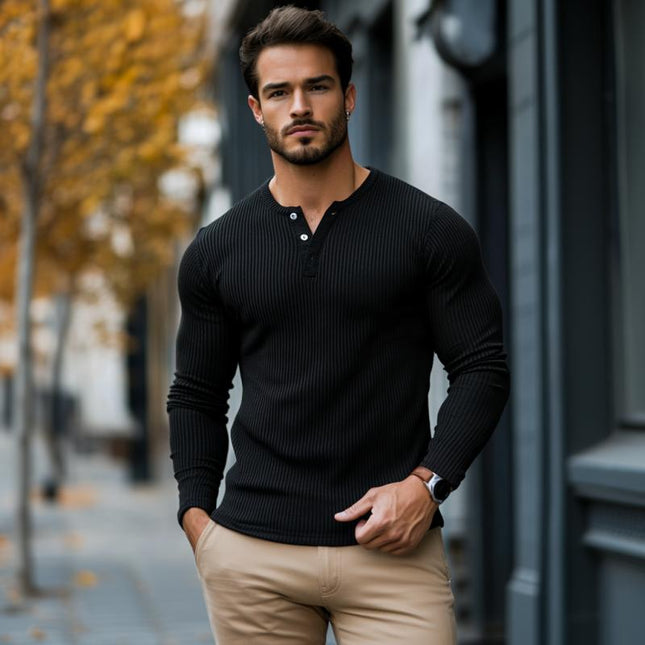Men's Slim Fit Henley Collar Long Sleeve T-Shirt | Rib Stripe Design | Casual Wear | Soft Breathable Fabric | Versatile Style | Comfortable Modern Aesthetic | Fashionable Ribbed Crew Neck Top