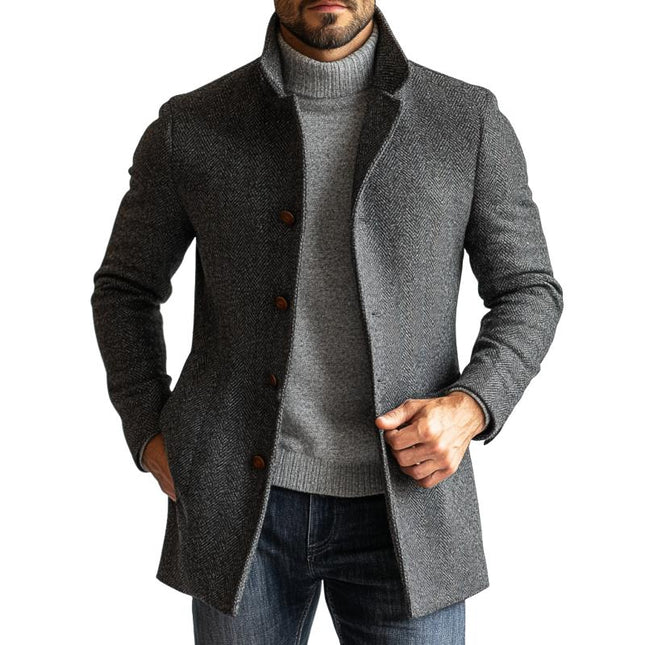 Men's Woolen Herringbone Coat | Retro Single-Breasted Mid-Length Outerwear | Classic Lapel Collar | Regular Fit | Premium Wool Blend | Vintage-Inspired Design | Functional Pockets | Ideal for Fall Winter