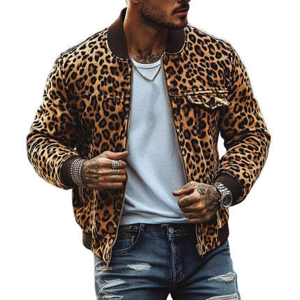Men's Leopard Print Bomber Jacket | Vintage Style | Chest Pocket Detail | Premium Fabric | Ribbed Cuffs | Stand-Up Collar | Retro Charm | Versatile Fashion | Bold Outerwear