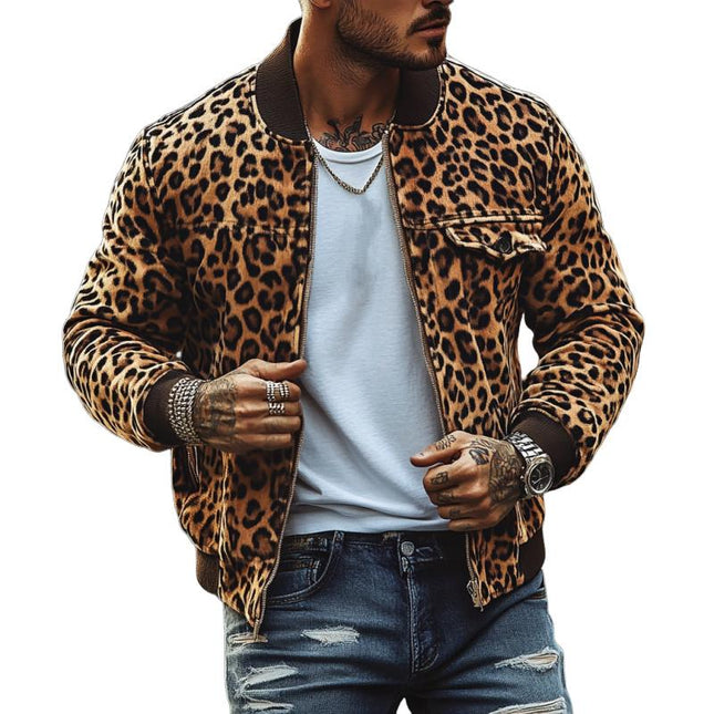 Men's Leopard Print Bomber Jacket | Vintage Style | Chest Pocket Detail | Premium Fabric | Ribbed Cuffs | Stand-Up Collar | Retro Charm | Versatile Fashion | Bold Outerwear