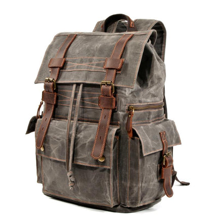 Men's Vintage Backpack | Beeswax Canvas & Leather | Multi-Pocket Design | Outdoor & Urban Use | Water-Resistant | Adjustable Straps | Durable & Stylish