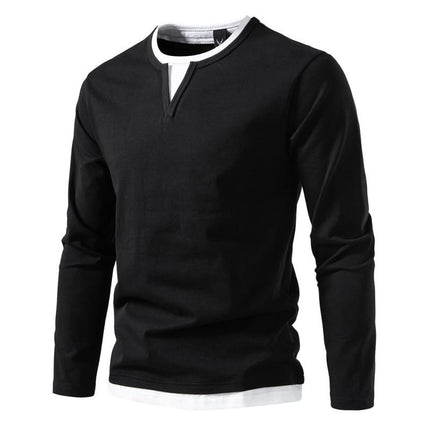 Men's Double Layer V-Neck T-Shirt | Casual Color Block Design | Long Sleeves | Fake Two-Piece Layered Look | Soft Lightweight Stretch Fabric | Regular Fit | Versatile Fashion Staple