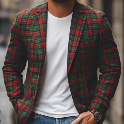 Men's Christmas Plaid Blazer | Casual Notch Lapel | Contrast Color | Single-Breasted | Festive Holiday Outerwear | Tailored Fit | Stylish Party Wear | Comfortable All-Day Use | Elegant Trendy Jacket