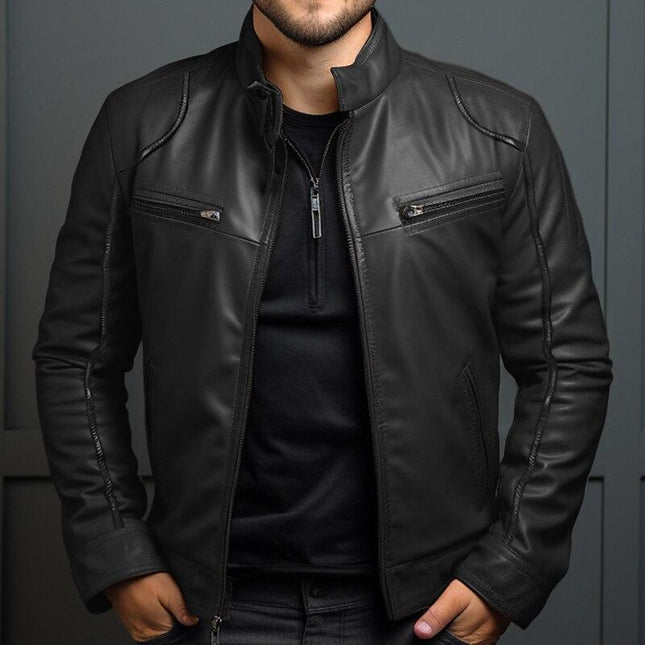 Men's Leather Jacket | Vintage Style Stand Collar | Slim Fit Zipper Jacket | High-Quality Leather | Modern Urban Fashion | Casual Elegance | Versatile Outerwear | Timeless Design