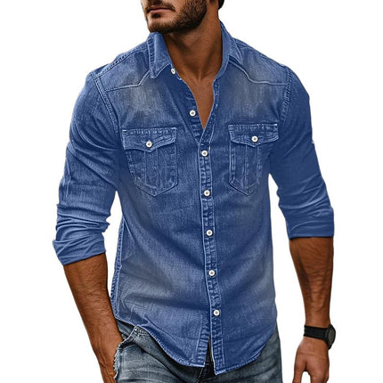 Men's Vintage Washed Denim Shirt | Distressed Lapel Design | Long Sleeve | Indigo Blue | Casual & Semi-Formal Versatility | Soft Cotton Fabric | Sizes S-2XL | Machine Washable