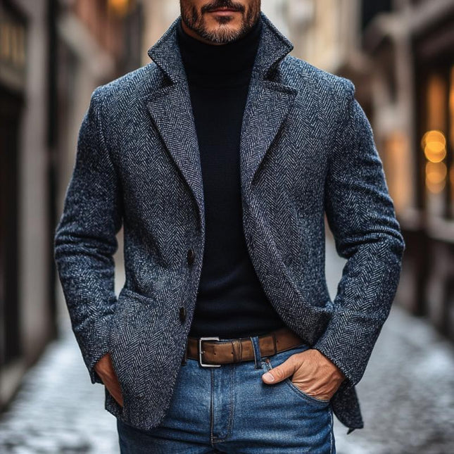 Men's Vintage Herringbone Pattern Blazer | Notch Lapel | Single Breasted | Tailored Fit | Premium Wool Blend | Classic Style | Suitable for Formal & Smart-Casual Occasions | Button Cuffs | Front Pockets