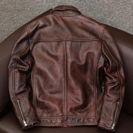 Men's Premium Vintage Leather Jacket | Lapel Collar | Long Sleeve | Double Chest Pockets | Genuine Leather | Solid Color with Distressing | Hip-Length | Regular Fit | Perfect for Fall, Winter, and Spring