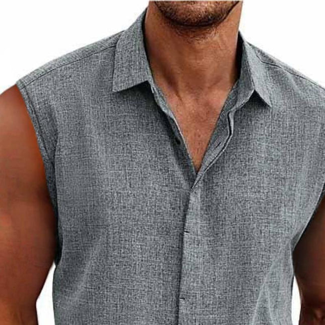 Men's Sleeveless Shirt | Solid Color Lapel | Cotton Linen Blend | Breathable & Durable | Classic Timeless Design | Ideal for Casual & Warm Weather | Versatile Pairing with Jeans or Trousers