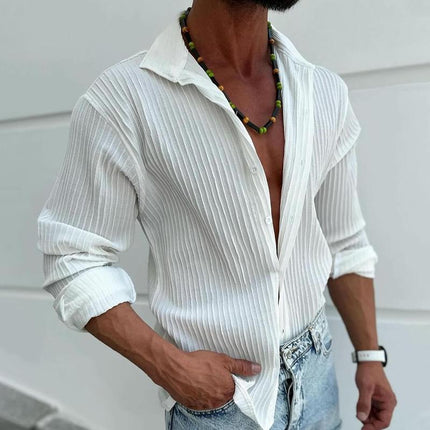 Men's Long Sleeve Casual Shirt | Solid Color | Subtle Stripes | Lapel Collar | Cotton Blend | Regular Fit | Versatile Style | Multiple Sizes | Comfortable Wear