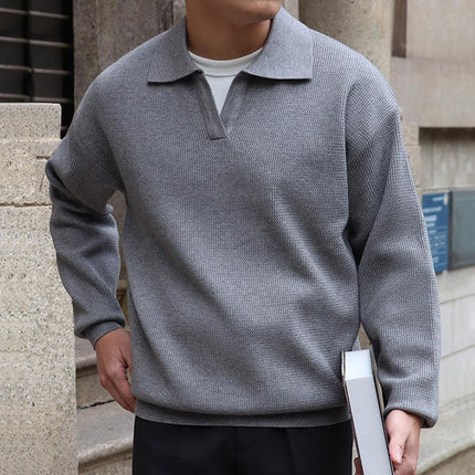 Men's Polo Shirt | Solid Color | Lapel Collar | Long Sleeve Knit | Versatile Casual to Semi-Formal | Soft Durable Fabric | Stylish Minimalistic Design | Comfortable Fit | Ideal for Layering | Sizes Available
