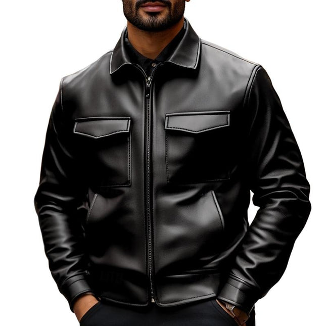 Men's Premium Vintage Leather Jacket | Lapel Collar | Long Sleeve | Double Chest Pockets | Genuine Leather | Solid Color with Distressing | Hip-Length | Regular Fit | Perfect for Fall, Winter, and Spring