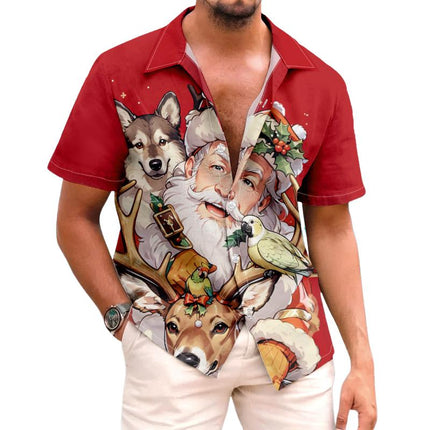 Men's Christmas Santa Claus Shirt | Vintage Casual Lapel | Short Sleeve | Button Up | Blended Fabric | Regular Fit | All Seasons | Multi-size Available | Festive Holiday Wear