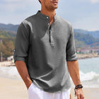 Men's Waffle Knit Shirt | Stand Collar | Rolled Long Sleeves | Casual & Semi-Formal | Solid Color | Soft & Breathable Fabric | Regular Fit | Versatile & Stylish | Easy Maintenance | Perfect for All Seasons