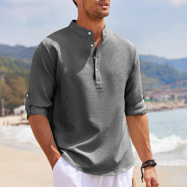 Men's Waffle Knit Shirt | Stand Collar | Rolled Long Sleeves | Casual & Semi-Formal | Solid Color | Soft & Breathable Fabric | Regular Fit | Versatile & Stylish | Easy Maintenance | Perfect for All Seasons