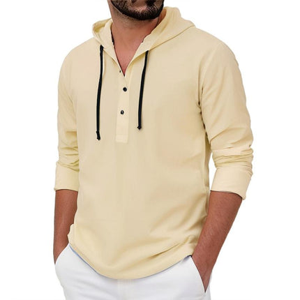 Men's Solid Button Hooded Shirt | Long Sleeve | Casual Fit | Soft Cotton Blend | Hooded Neckline | Versatile Layering | Lightweight Comfort | Machine Washable | Ideal Spring & Fall Top