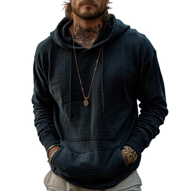 Men's Retro Hoodie | Solid Color | Kangaroo Pocket | Round Neck with Adjustable Hood | Long Sleeves with Ribbed Cuffs | Cotton Blend Fabric | Casual Streetwear | Versatile Layering | Daily Fall Winter Apparel
