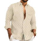 Men's Casual Dress Shirt | Solid Plaid Pattern | Long Sleeve | Lapel Collar | Chest Pocket | Cotton Linen Blend | Versatile Regular Fit | Buttoned Cuffs | Suitable for Spring and Autumn | Classic Style