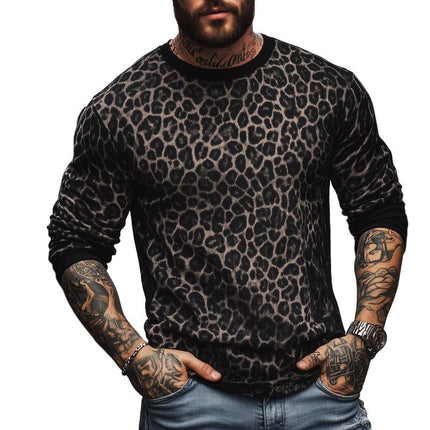 Men's Leopard Print T-Shirt | Round Neck | Colorblock Long Sleeve | Casual Retro Style | Blended Fabric | Four Seasons Wear | Choice of Sizes