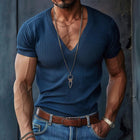 Men's V Neck Short Sleeve Knit T-Shirt | Solid Color | Soft Stretchy Fabric | Casual Comfort | Stylish Everyday Wear