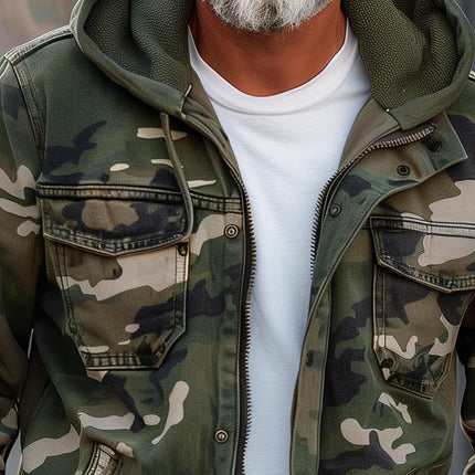 Men's Camouflage Hooded Jacket | Multi-Pocket Zip Cargo | Outdoor Utility | Durable Breathable Fabric | Adjustable Drawstrings | Full-Length Zipper | Elastic Cuffs | Sizes S-XXXL | Reinforced Stitching