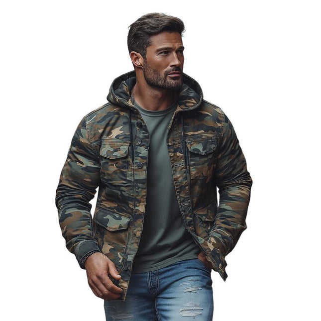Men's Camouflage Hoodie | Outdoor Multi-Pocket Jacket | Single-Breasted Design | Military Inspired | Casual Fit | Adjustable Features | Durable Breathable Fabric | Versatile Styling | Ideal for Hiking Camping