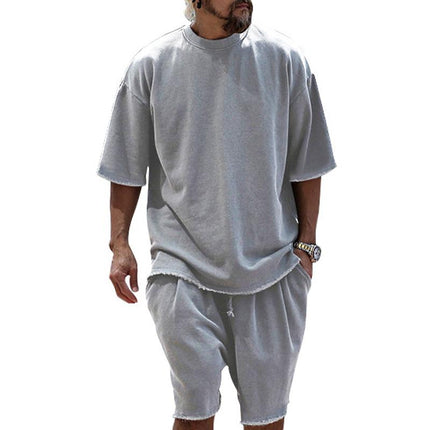 Men's Loose Fit Cotton Blend T-shirt and Shorts Set | Casual Fashion Activewear | Round Neck | Short Sleeve | Mid Waist | Spring Summer Autumn