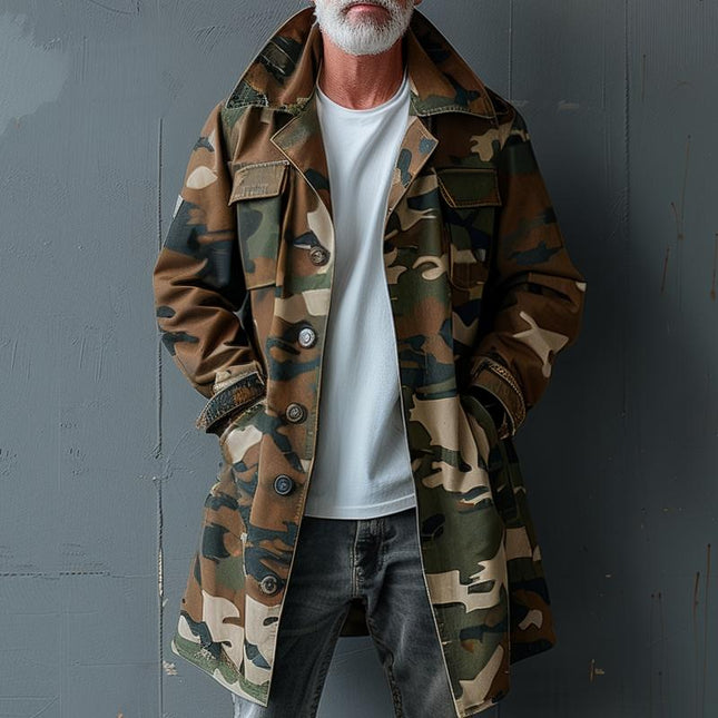 Men's Camouflage Trench Coat | Lapel Collar | Single Breasted | Mid-Length | Cargo Pockets | Durable Fabric | Adjustable Cuffs & Waist | Weather-Resistant | Outdoor Jacket | Sizes S to XXXL
