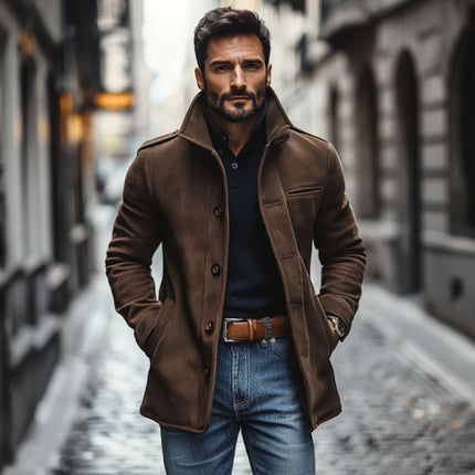 Men's Suede Slim Fit Coat | Single Breasted | Casual Lapel Design | Premium Suede Fabric | Elegant Sophisticated Outerwear | Versatile Style | Tailored Fit | Available in Multiple Sizes | Timeless Appeal