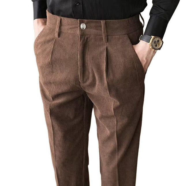 Men's Corduroy Straight Fit Suit Pants | Mid-Rise Waist | Full-Length | Soft Solid Color | Business Casual or Semi-Formal Outings | Warm Fall Winter Trousers | Versatile Styling with Shirts and Jackets