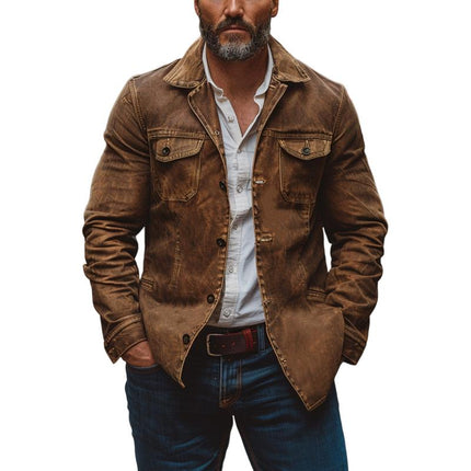 Men's Vintage Leather Jacket | Heavy Washed Leather | Lapel Collar | Single Breasted | Multi-Pocket Design | Durable Outerwear | Classic Style | Casual Workwear