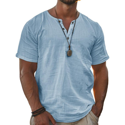 Men's Henley T-Shirt | Short Sleeve | Cotton Linen Blend | Breathable Lightweight Fabric | Classic Style for Casual and Semi-Casual Wear | Button Placket | Easy Care