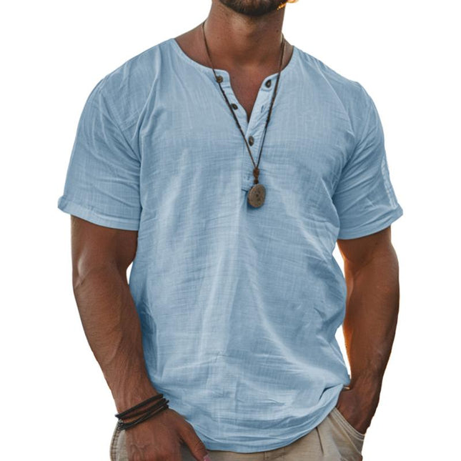 Men's Henley T-Shirt | Short Sleeve | Cotton Linen Blend | Breathable Lightweight Fabric | Classic Style for Casual and Semi-Casual Wear | Button Placket | Easy Care