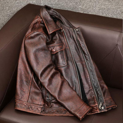 Men's Premium Vintage Leather Jacket | Lapel Collar | Long Sleeve | Double Chest Pockets | Genuine Leather | Solid Color with Distressing | Hip-Length | Regular Fit | Perfect for Fall, Winter, and Spring